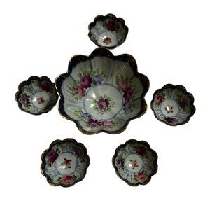 VTG Handpainted Blue Roses Gold Trim Nut Bowl 6pc Set with Legs Made in Japan